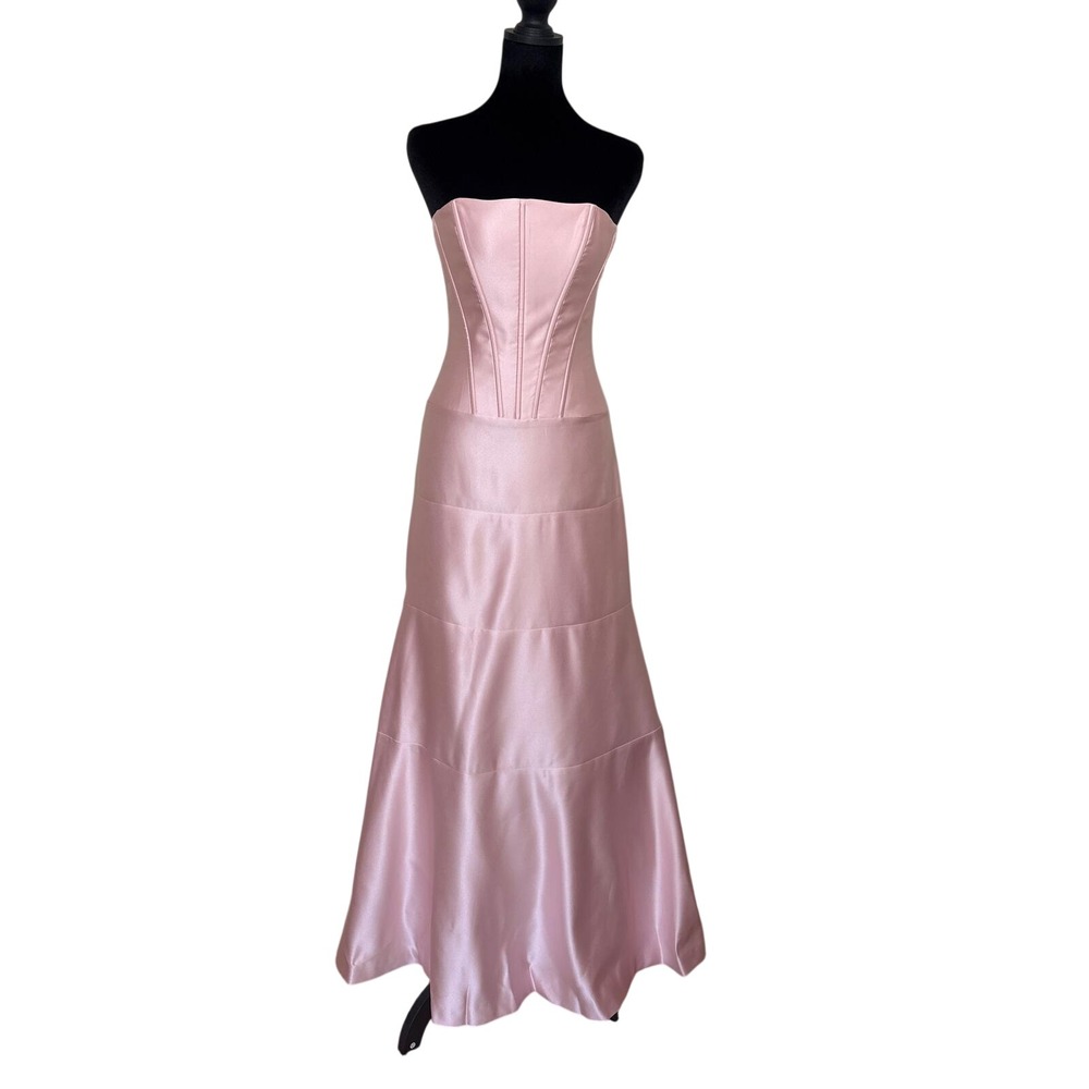Vintage 2000s BCBG Maxazaria Pink Satin Corset Strapless Lace Up Maxi Gown Dress